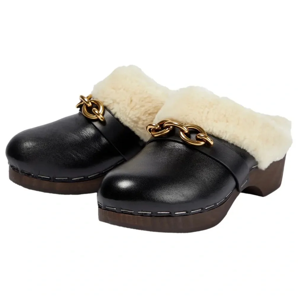 Saint Laurent Le Maillon Shearling Clogs in Black - Picture 2 of 16